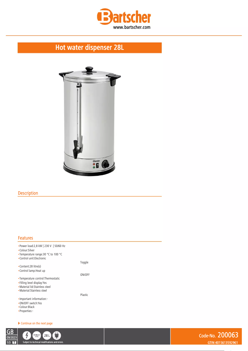 Página 1 del manual Ficha técnica Bartscher 200063