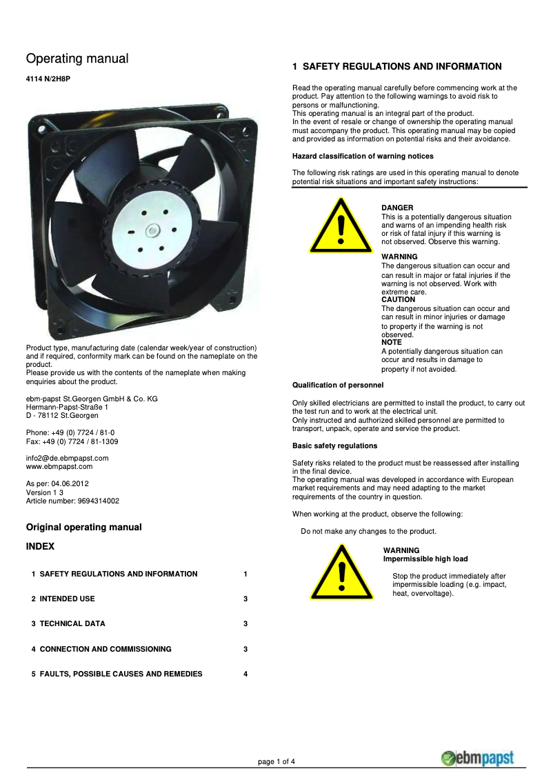 Page 1 de la notice Manuel utilisateur ebm-papst 4114 N/2H8P
