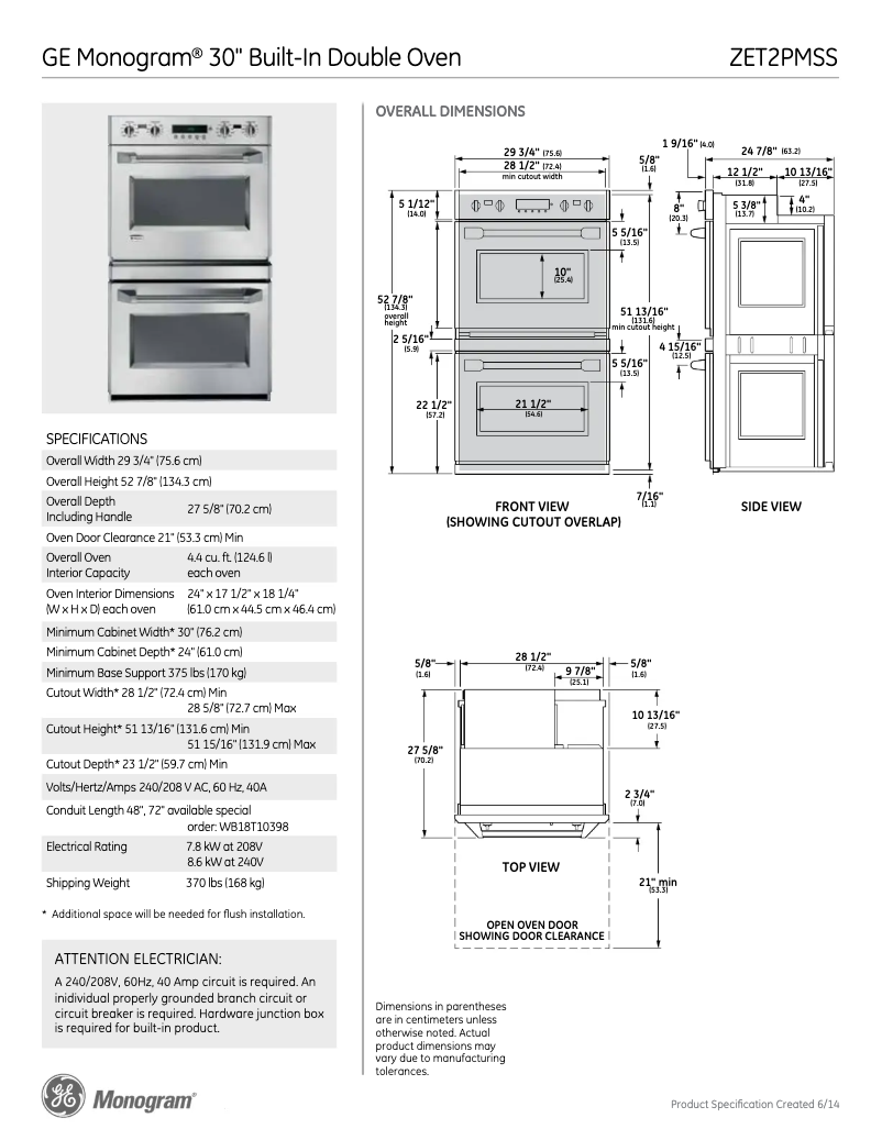 Page 1 de la notice Fiche technique GE ZET2PMSS