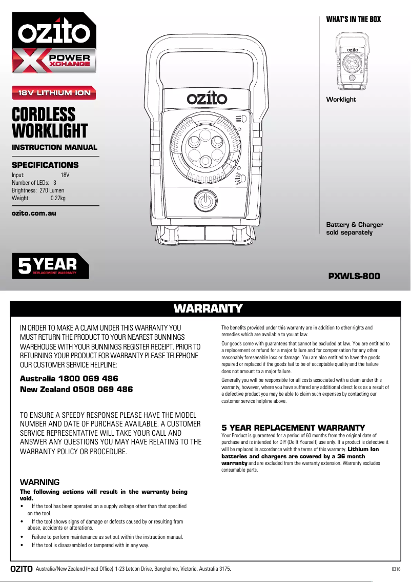 Page 1 de la notice Manuel utilisateur Ozito PXWLS-800