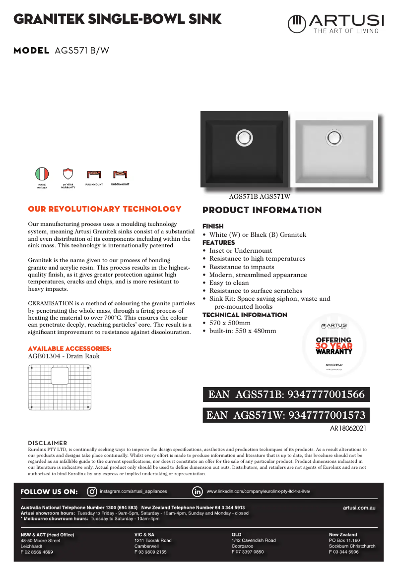 Page 1 of the manual Technical Sheet Artusi AGS571W
