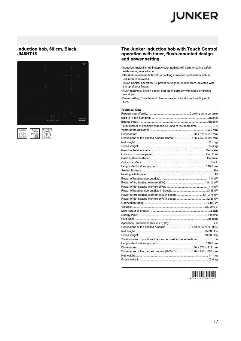 Page 1 de la notice Fiche technique Junker JI46HT18