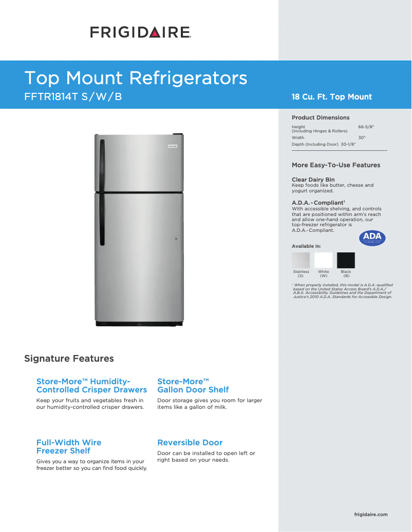 Page 1 de la notice Fiche technique Frigidaire FFTR1814T