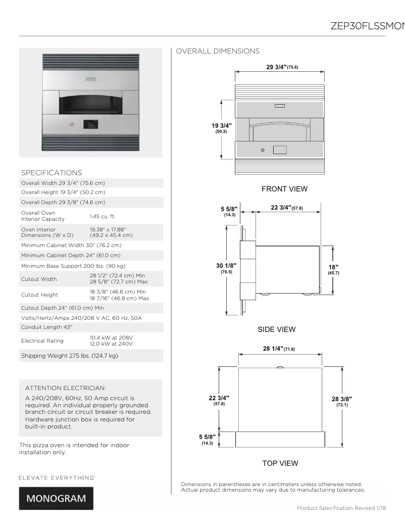 Page 1 de la notice Fiche technique Monogram ZEP30FLSS