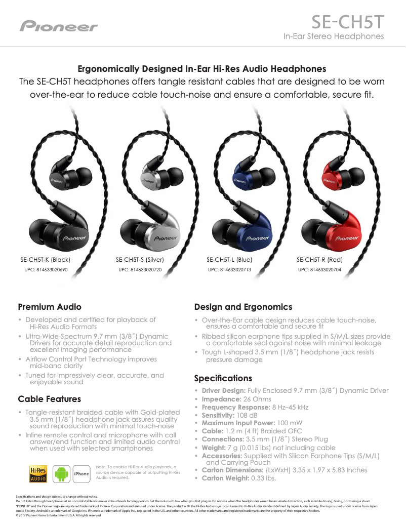 Page 1 de la notice Manuel utilisateur Pioneer SE-CH5T