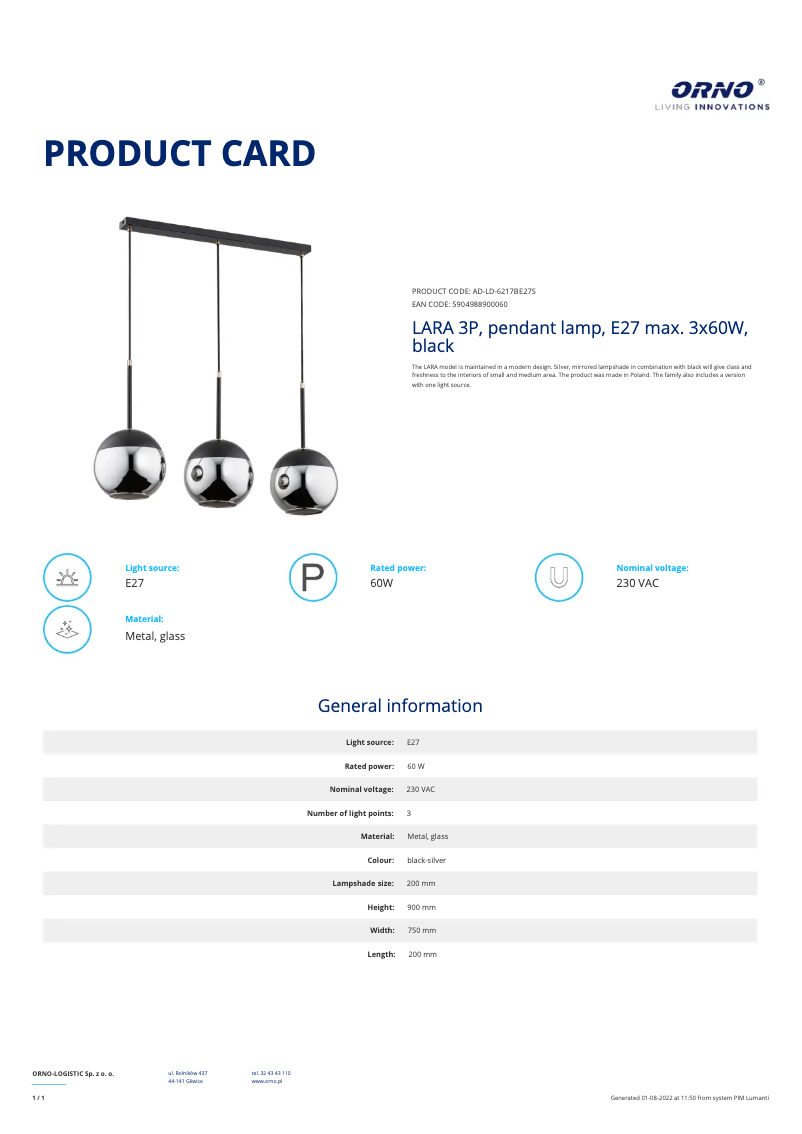 Page 1 de la notice Fiche technique Adviti AD-LD-6217BE27S