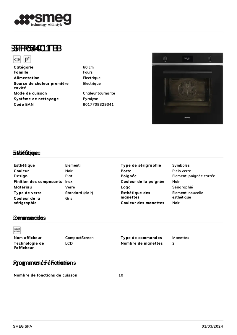 Page 1 de la notice Fiche technique Smeg SFP6401TB