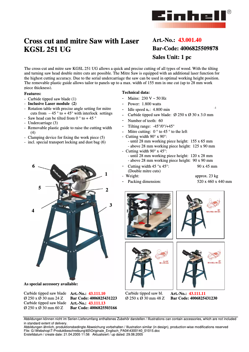 Page 1 de la notice Fiche technique Einhell KGSL 251 U