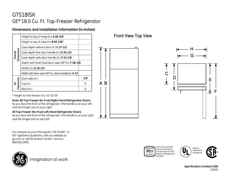 Page n°1 - Fiche technique GE GTS18ISXSS