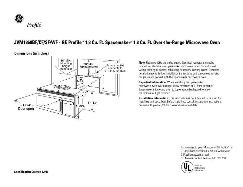 Página 1 del manual Ficha técnica GE JVM1860WD