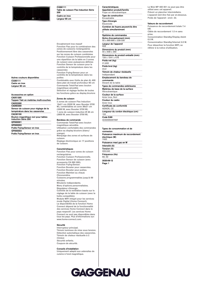 Page 1 de la notice Fiche technique Gaggenau CI290111