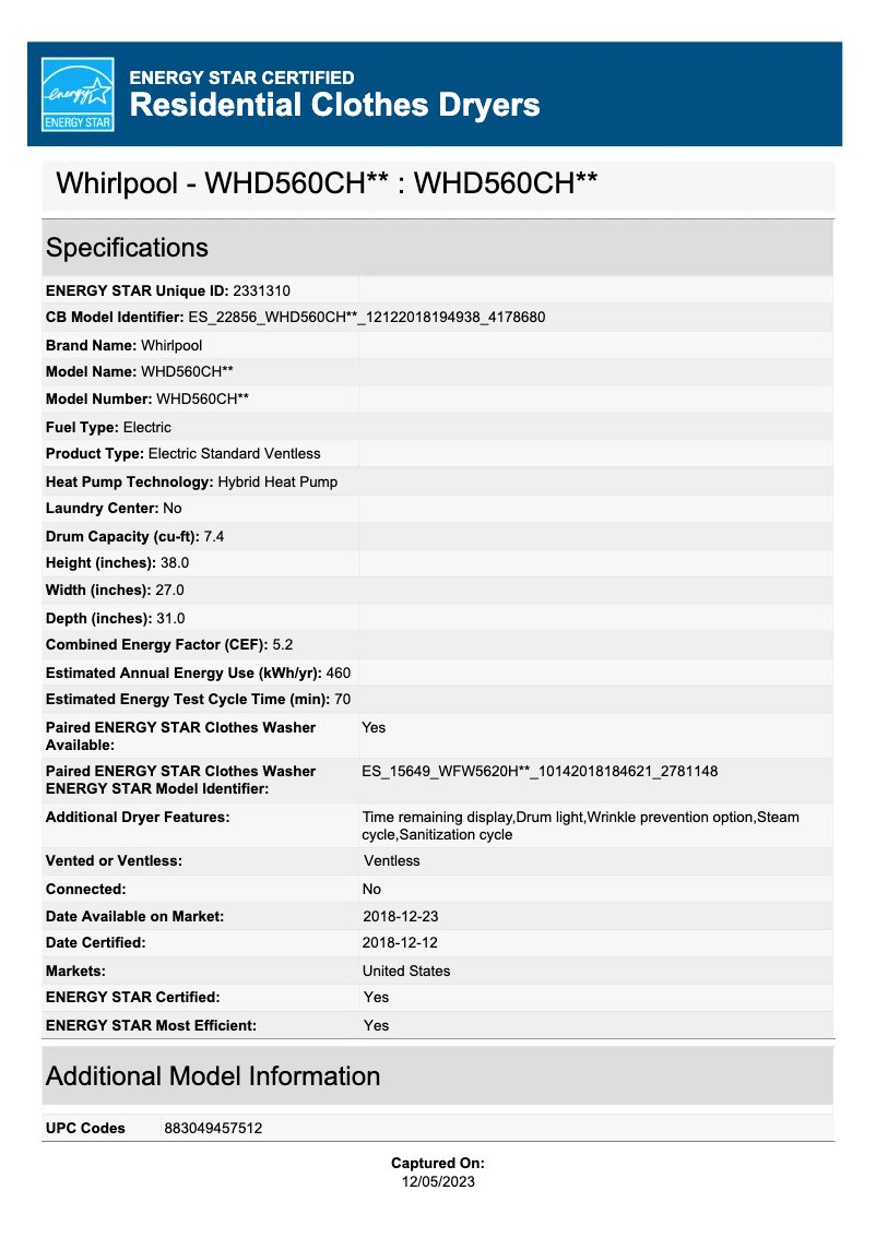 Page 1 de la notice Label énergétique Whirlpool WHD560CHW