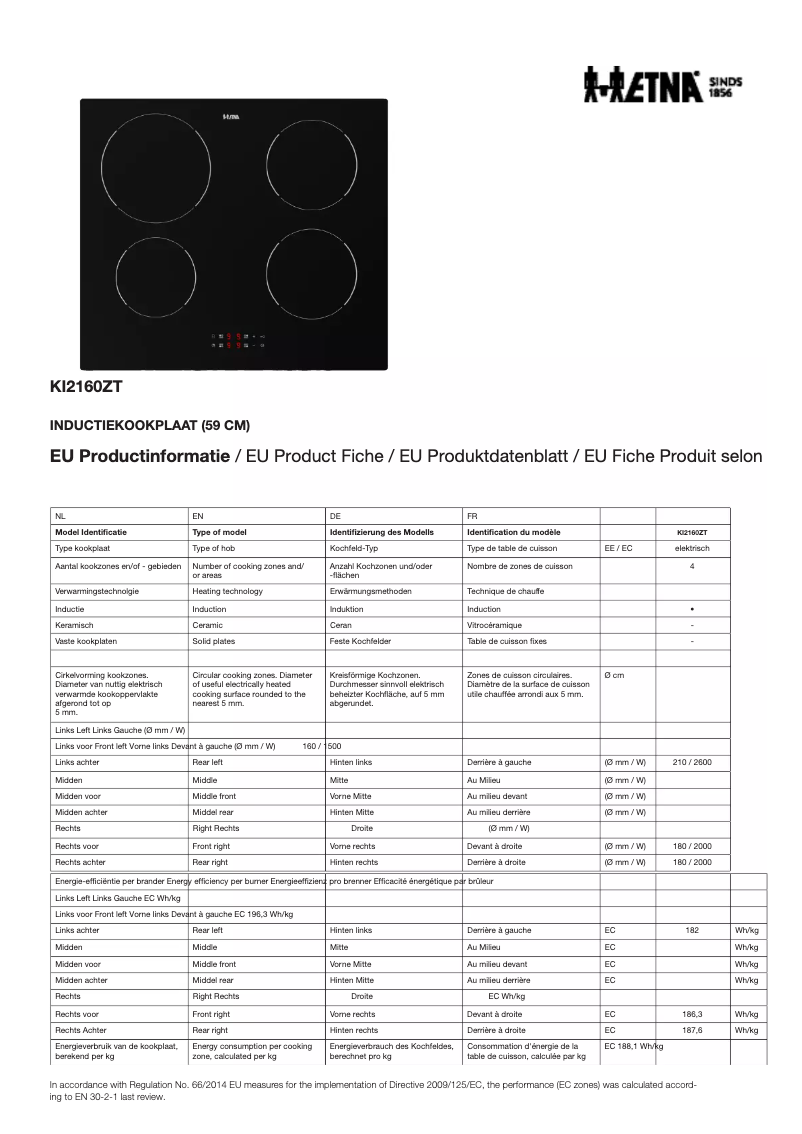 Page 1 de la notice Fiche technique Etna KI2160ZT