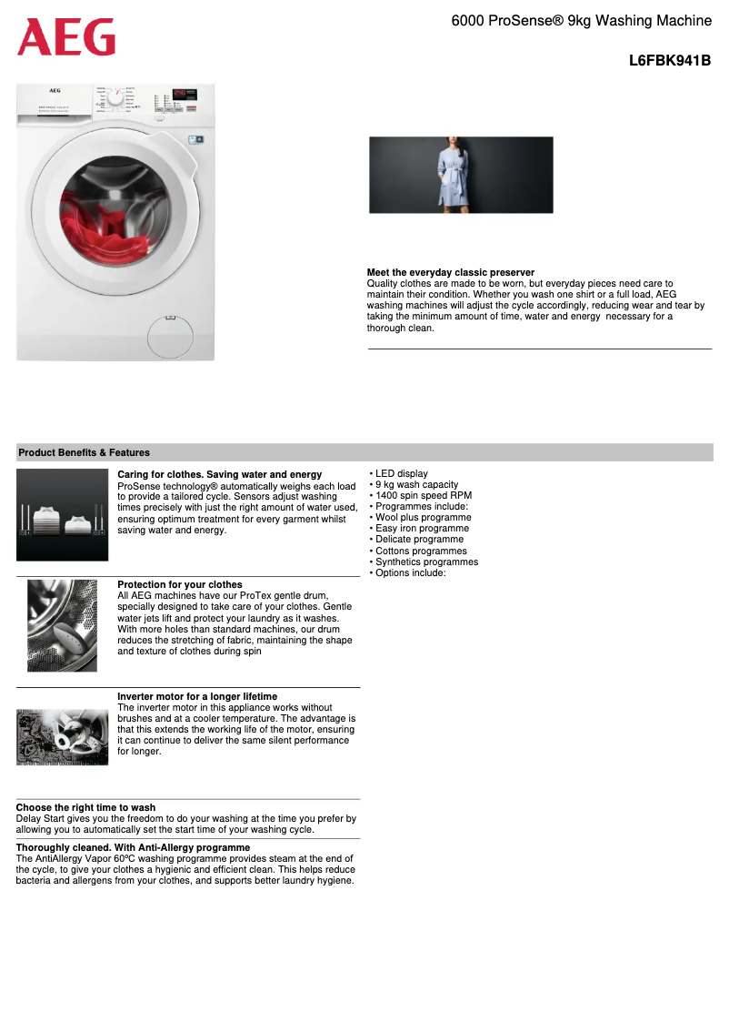 Page 1 de la notice Fiche technique AEG L6FBK941B