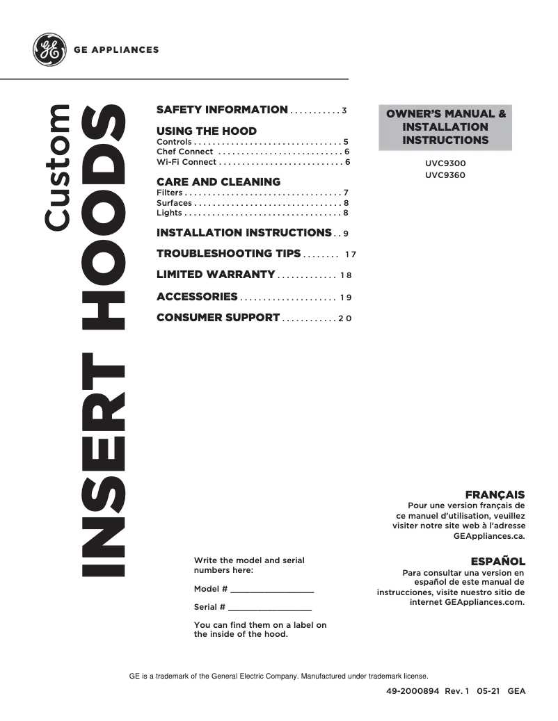 Page 1 of the manual Use and Maintenance Manual GE UVC9300SLSS