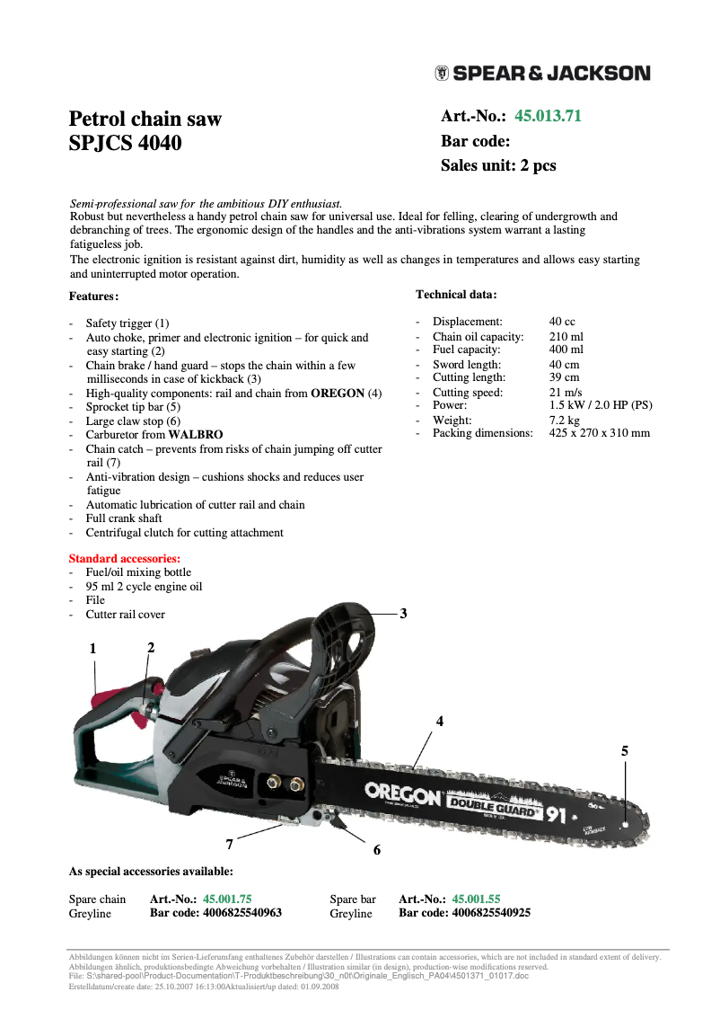 Página 1 del manual Ficha técnica Spear & Jackson SPJCS 4040