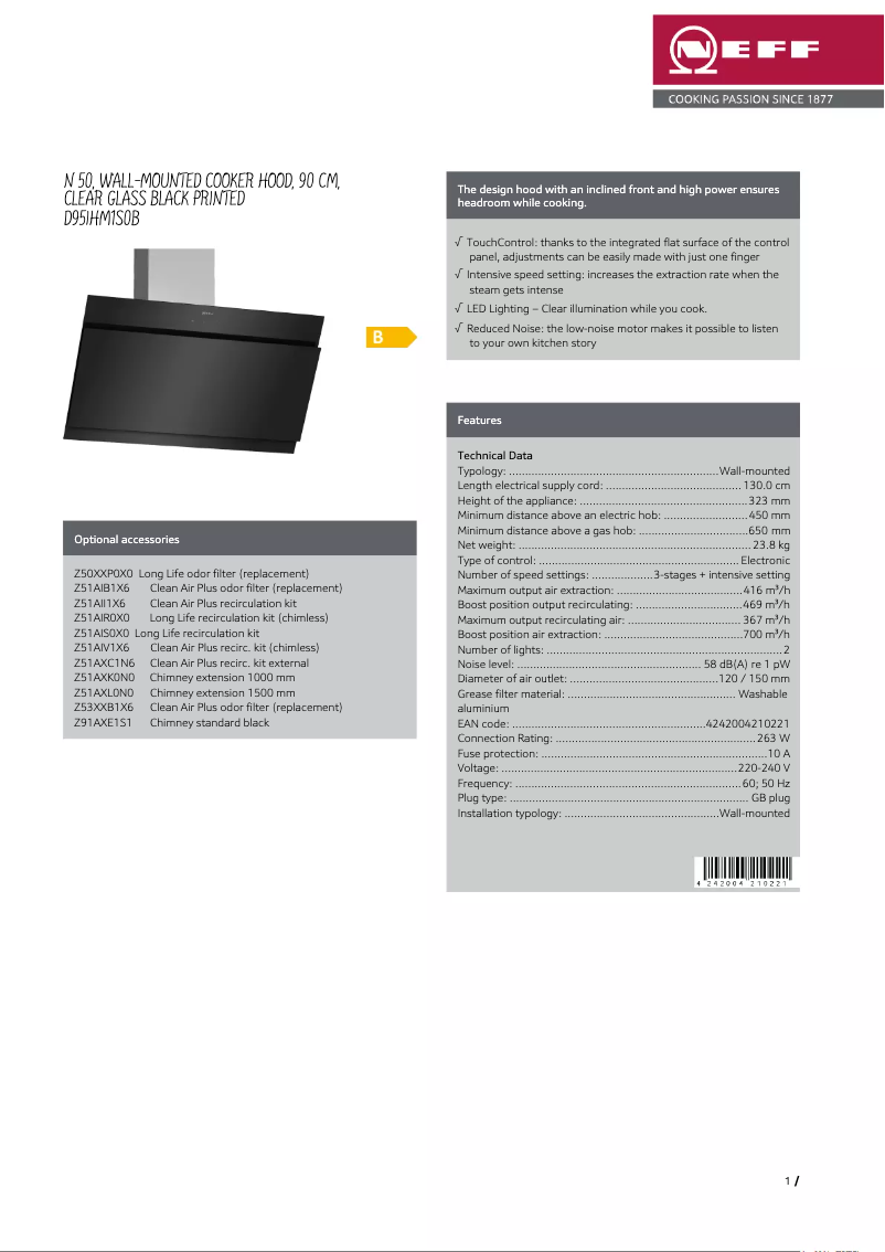 Page 1 de la notice Fiche technique Neff D95IHM1S0B