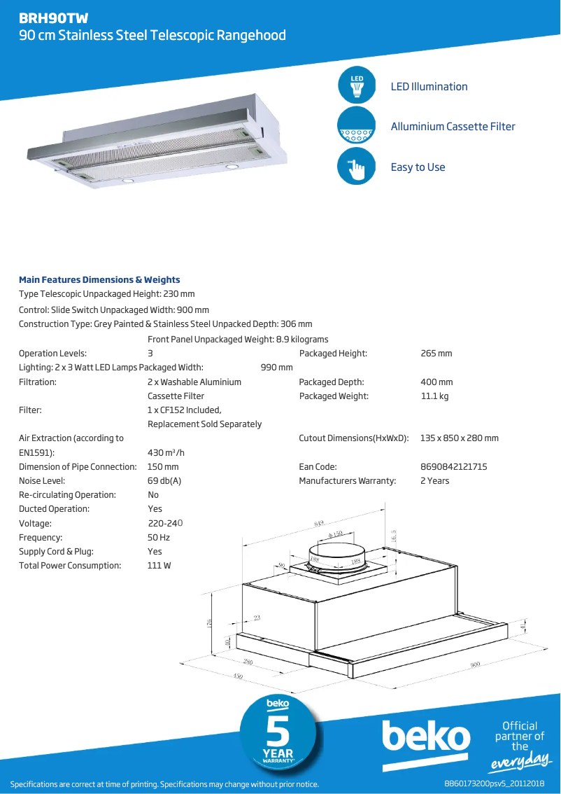 Page 1 de la notice Fiche technique Beko BRH90TW
