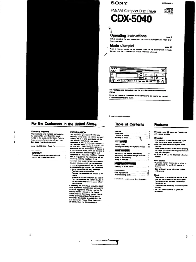Page 1 de la notice Manuel utilisateur Sony CDX-5040
