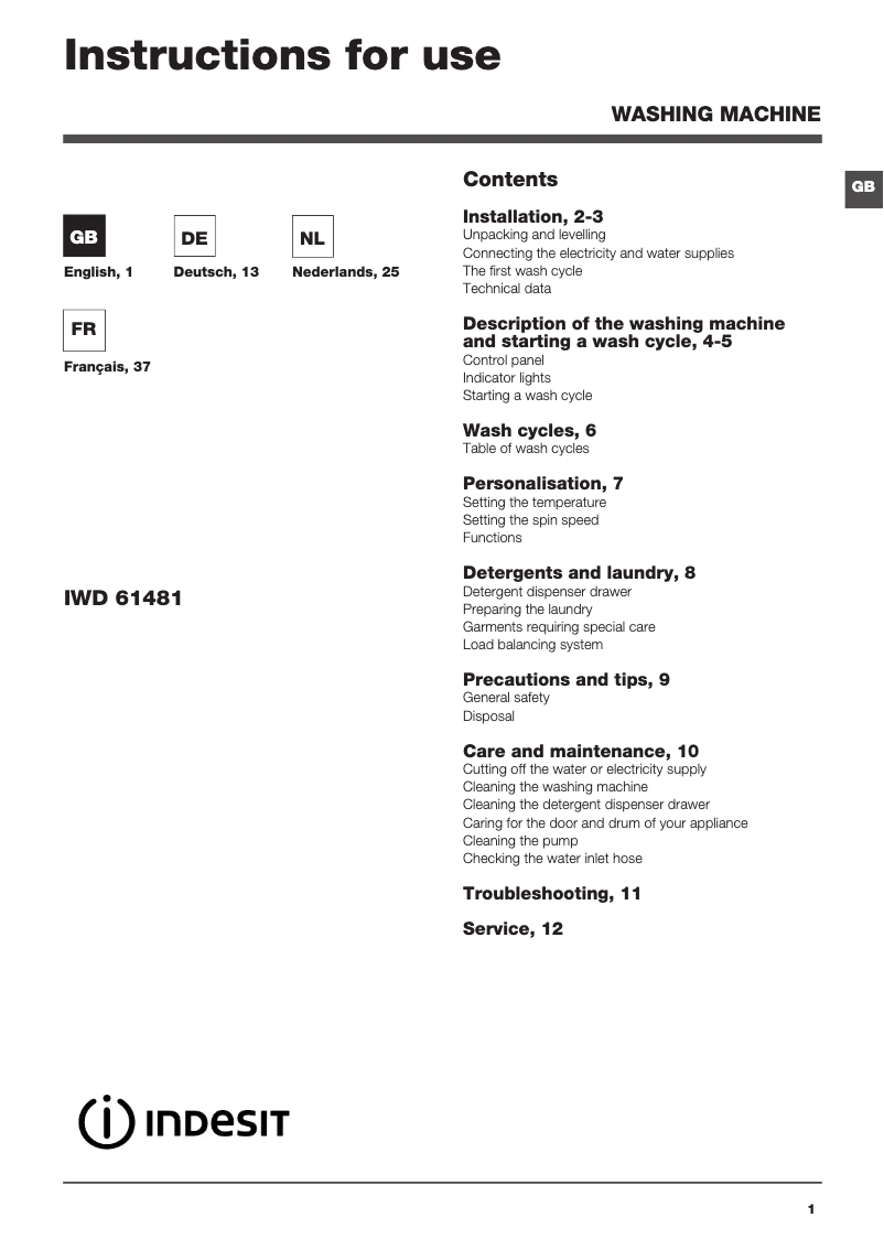 Page 1 de la notice Manuel utilisateur Indesit IWD 61481