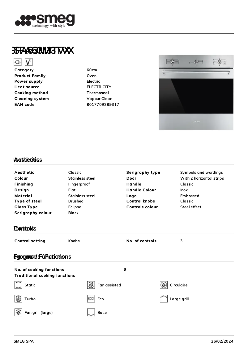Page 1 de la notice Fiche technique Smeg SFA63M3TVX