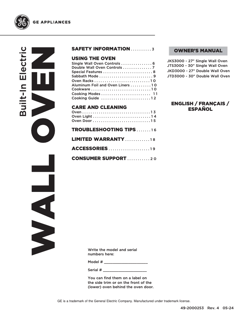 Page 1 de la notice Manuel d'utilisation et d'entretien GE JKD3000SNSS