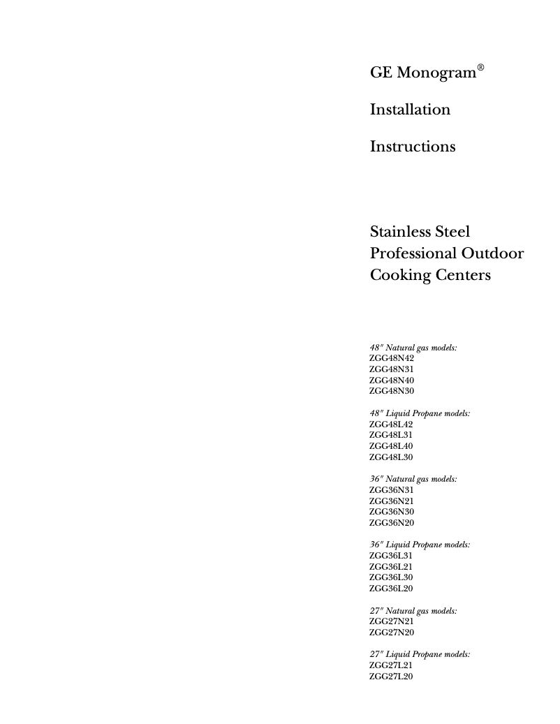 Página 1 del manual Guía de instalación GE ZGG48L30ASS