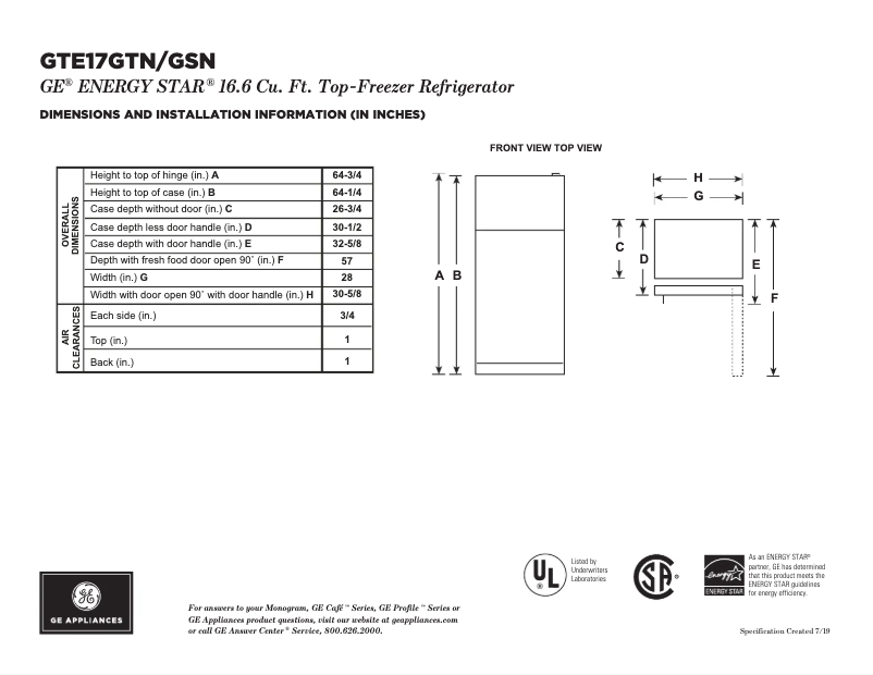Page 1 de la notice Fiche technique GE GTE17GSNRSS