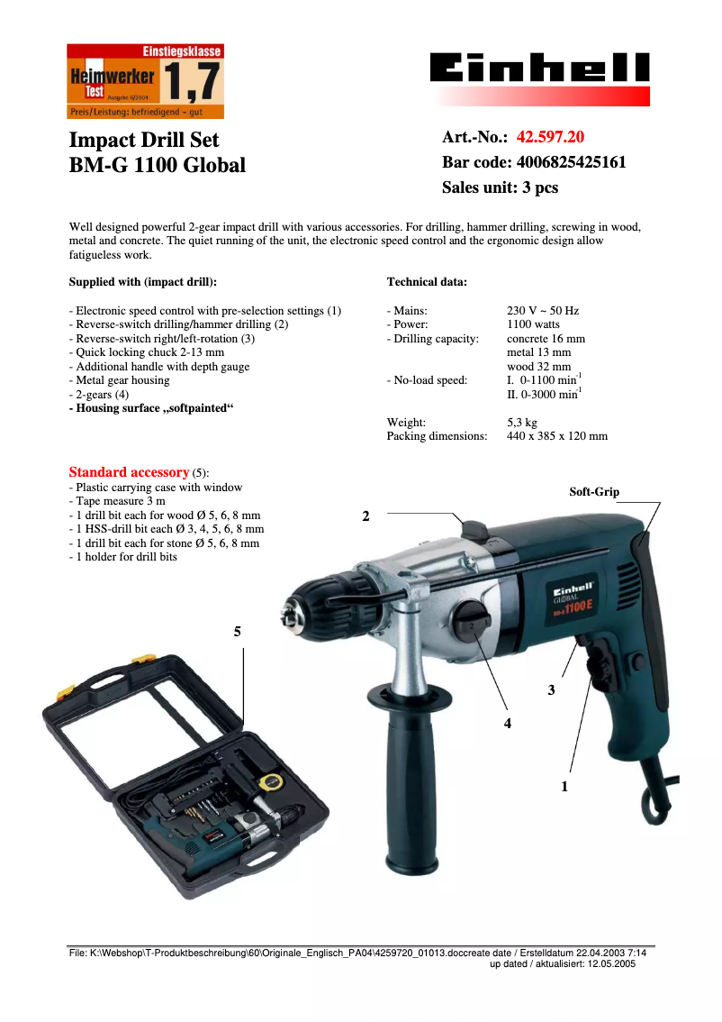 Page 1 de la notice Fiche technique Global BM-G 1100 E