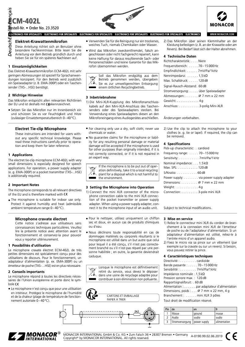 Page 1 de la notice Manuel utilisateur Monacor ECM-402L