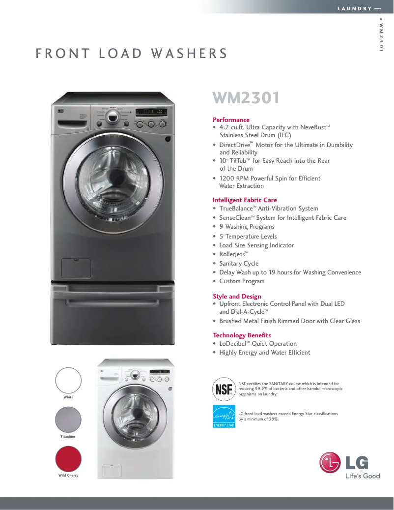 Page 1 de la notice Fiche technique LG WM2301HW