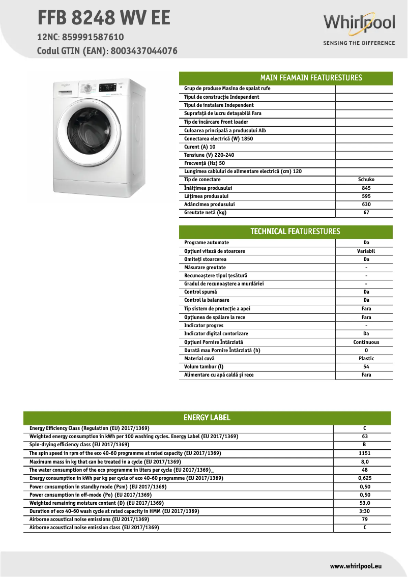 Page 1 de la notice Fiche technique Whirlpool FFB 8248 WV EE