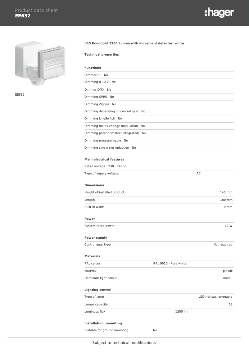 Page 1 de la notice Fiche technique Hager EE632