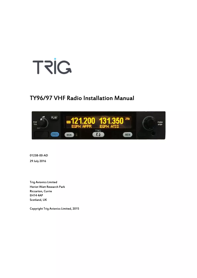 Page 1 de la notice Manuel utilisateur Trig Avionics TY96