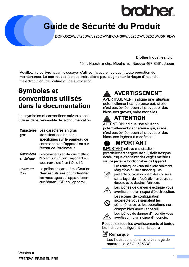 Page 1 de la notice Instructions de sécurité Brother DCP-J925DW
