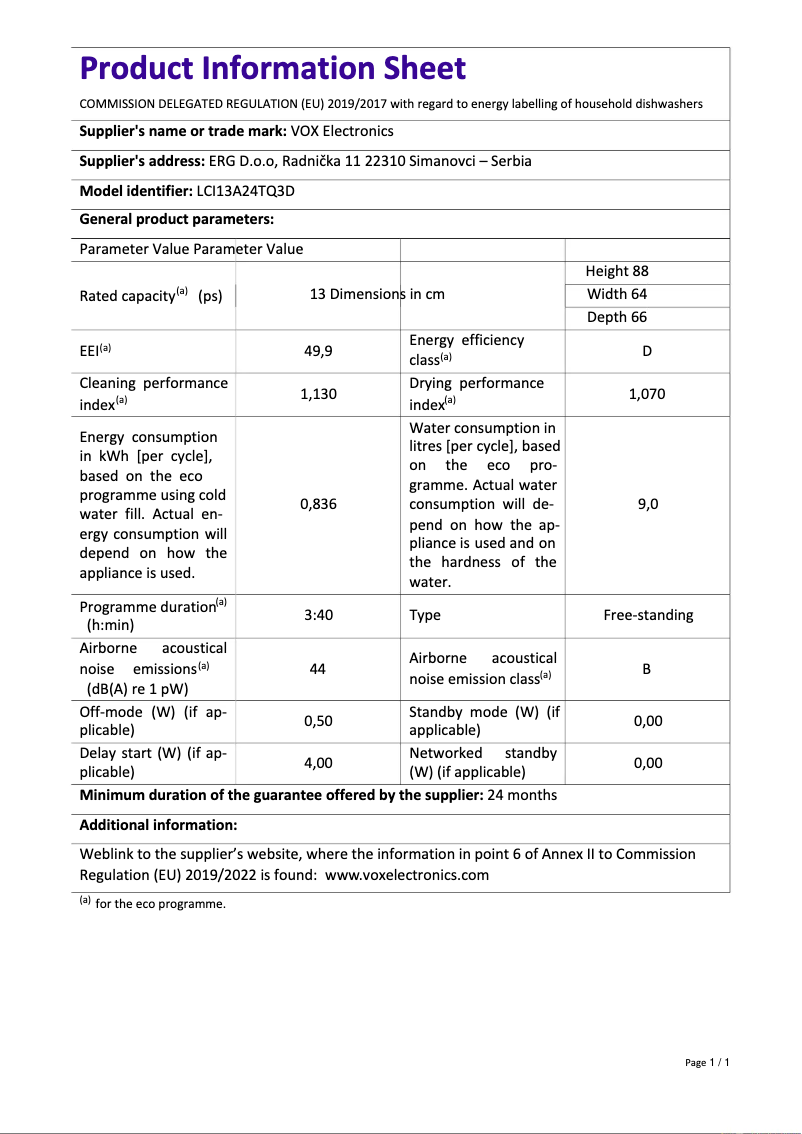 Página 1 del manual Ficha técnica VOX LCI13A24TQ3D