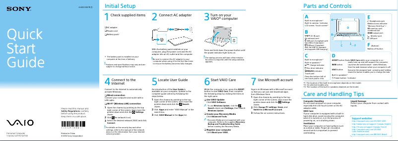 Page 1 de la notice Guide d'installation Sony Vaio Tab 13 SVT13126CXS