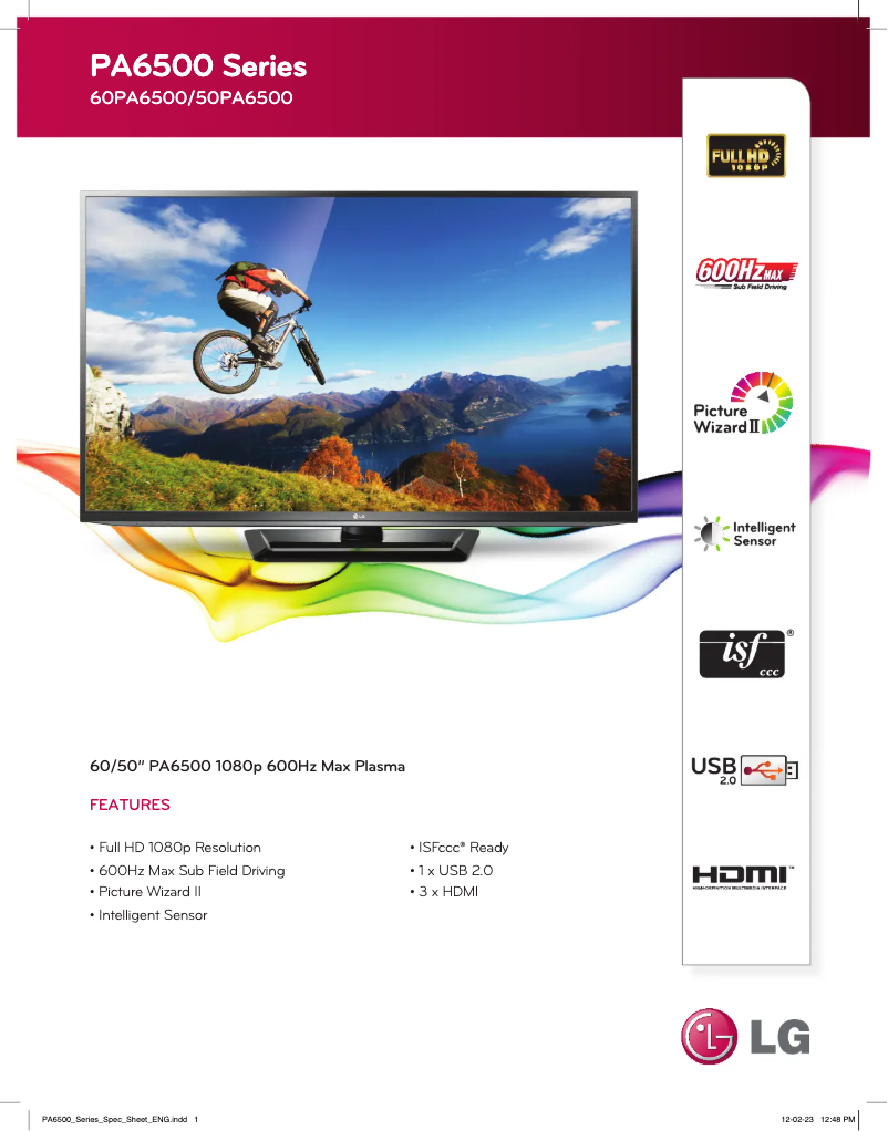 Page 1 de la notice Fiche technique LG 60PA6500