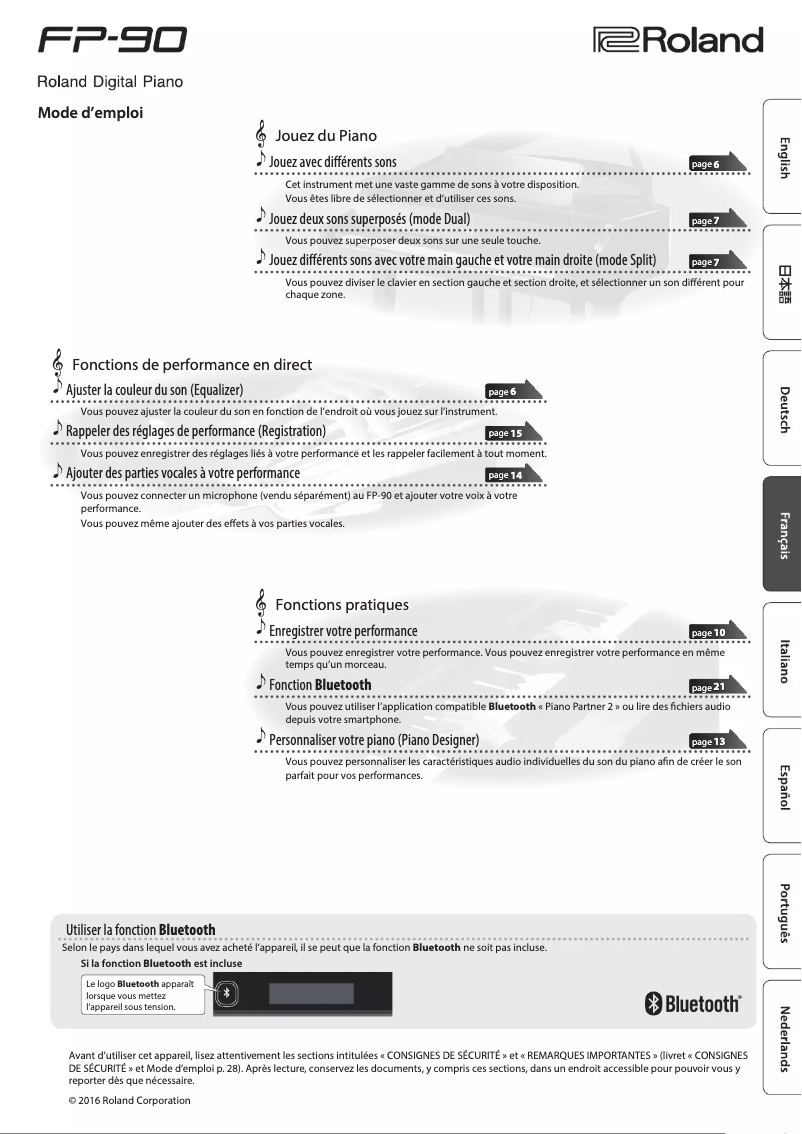 Page 1 de la notice Manuel utilisateur Roland FP-90