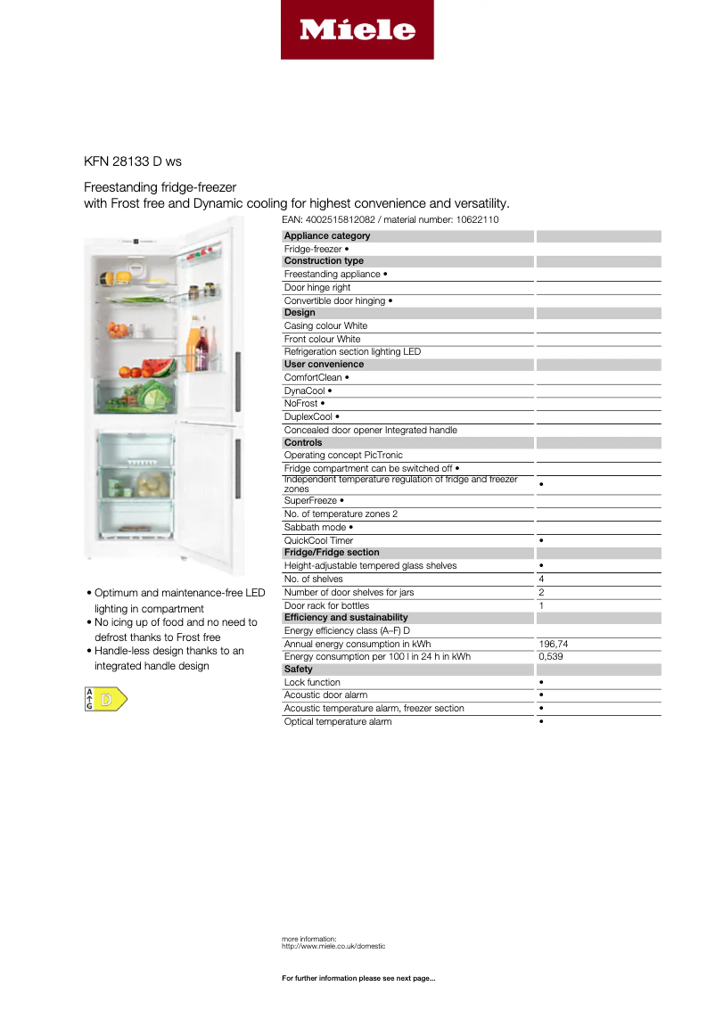 Page 1 de la notice Fiche technique Miele KFN 28133 D ws