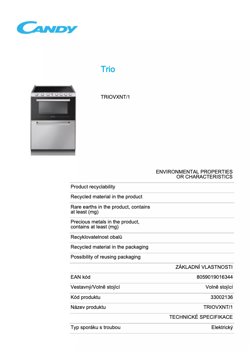 Page 1 de la notice Fiche technique Candy TRIOVXNT/1