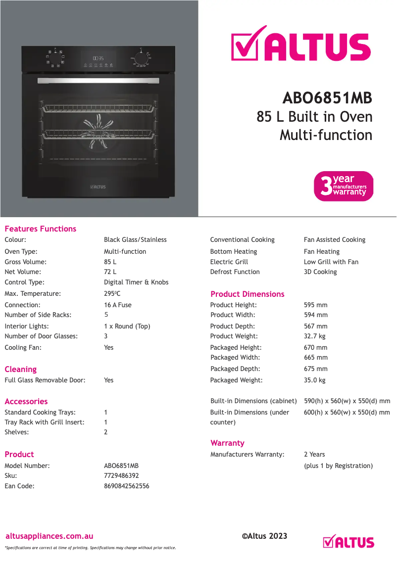 Página 1 del manual Ficha técnica Altus ABO6851MB