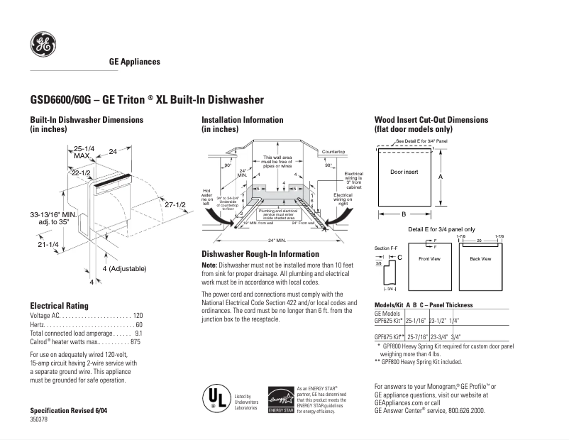 Page 1 de la notice Fiche technique GE GSD6600GWW