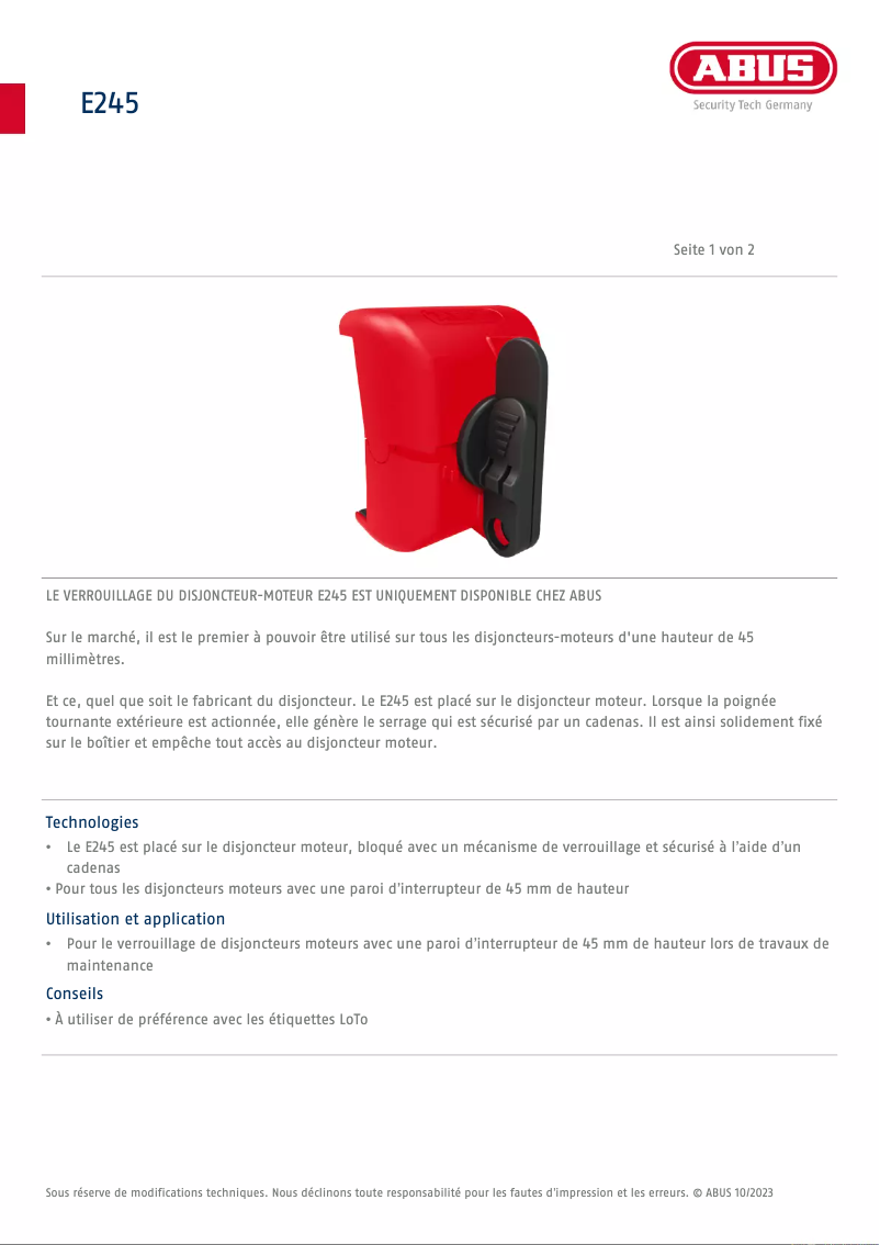 Page 1 de la notice Fiche technique Abus E245