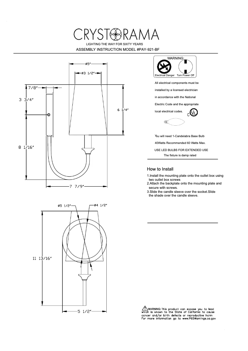 Page 1 de la notice Manuel utilisateur Crystorama Payton PAY-921-BF
