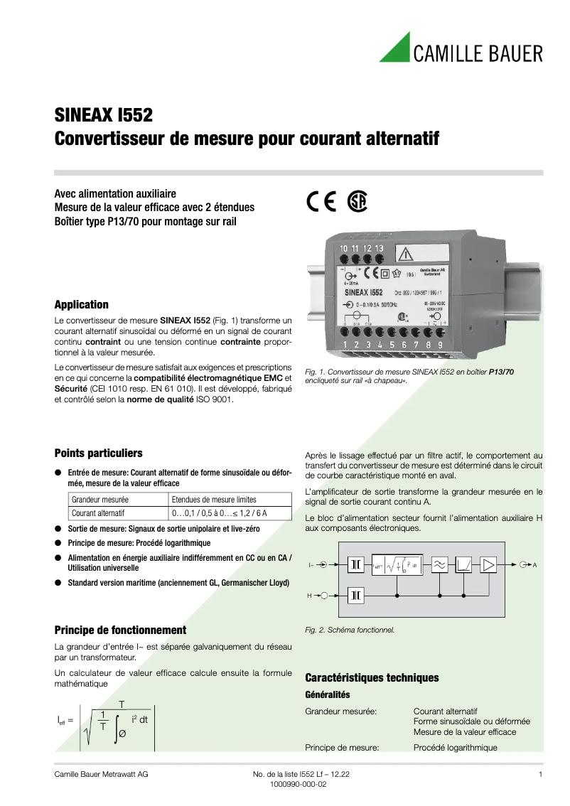 Page 1 de la notice Fiche technique Camille Bauer Sineax I552