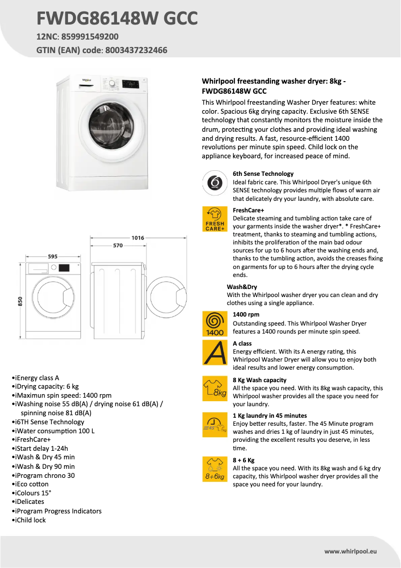 Página 1 del manual Ficha técnica Whirlpool FWDG86148W