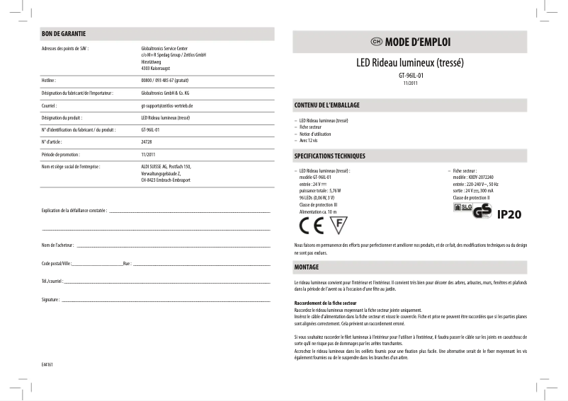 Page 1 de la notice Manuel utilisateur GlobalTronics GT-96IL-01
