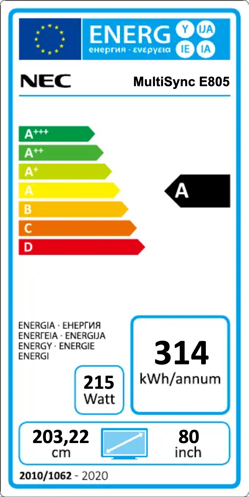Page 1 de la notice Label énergétique NEC MultiSync E805