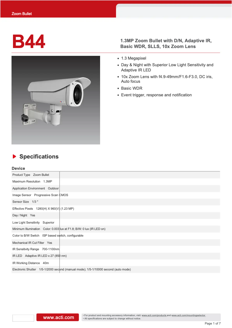 Page 1 de la notice Fiche technique ACTi B44